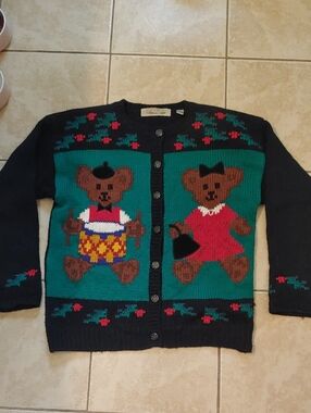 Vintage Teddy Bear Cardigan Karen Scott Chunky Knit Black Holiday Sweater Size S